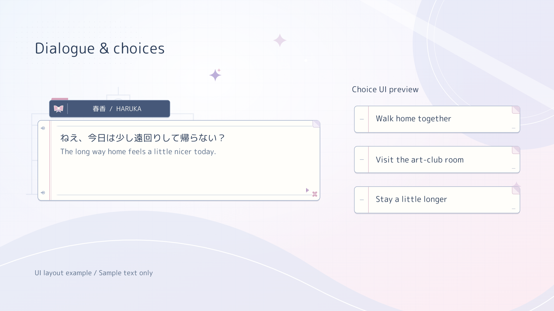 Anime School-Life UI Kit: dialogue panel with Japanese and English sample text and three choice buttons
