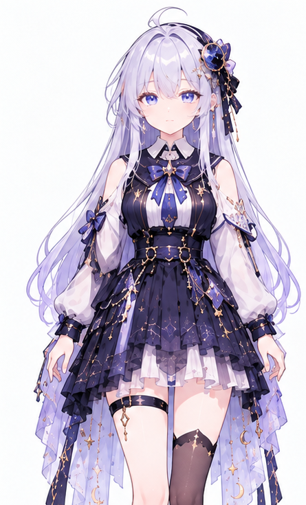 StarNight with silver-lavender straight hair, violet-blue eyes and star-and-moon ornaments